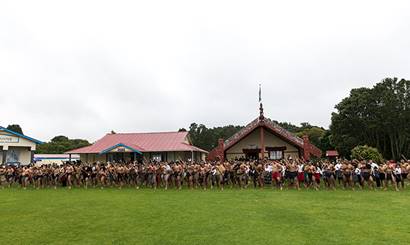 A group of people gathered together in front of a marae.