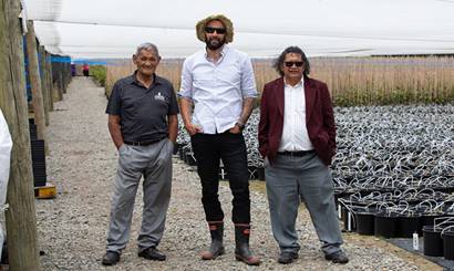Three men standing in front of rows of potted seedlings.