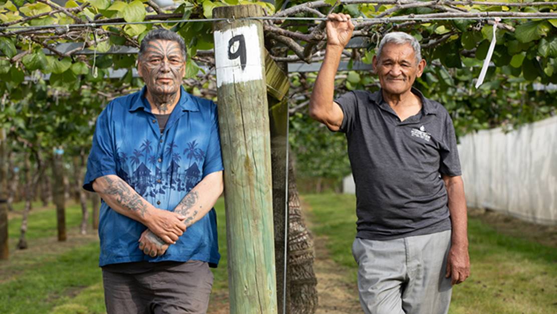 Two men standing together in an orchard.