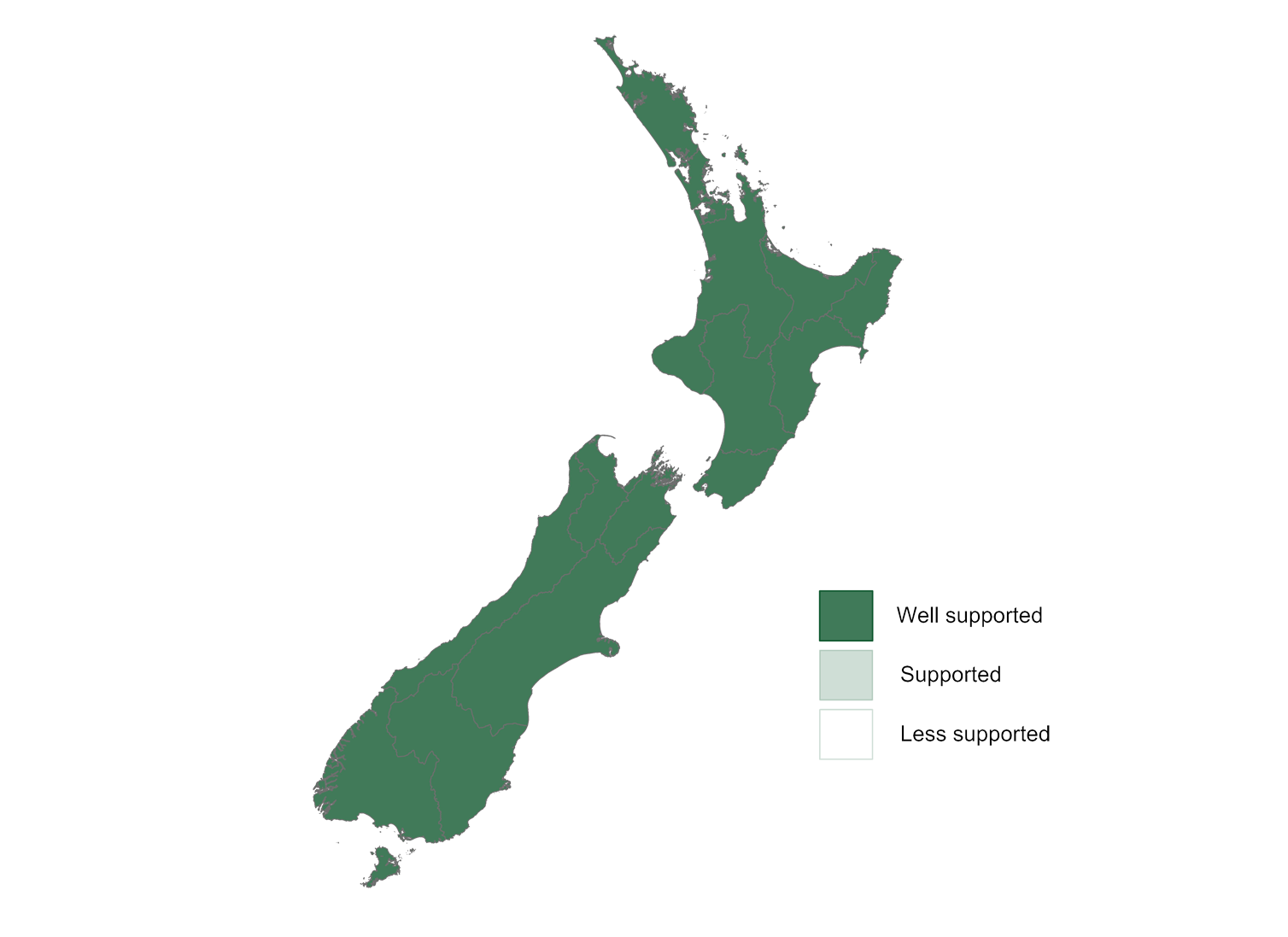 New Zealand map showing that dairy farming is supported in all regions.
